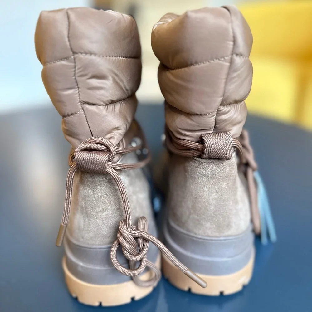 ZARA Viral Puffer Ankle Boots Brown Suede Nylon Winter Lace Up Chunky Sole NWT 9